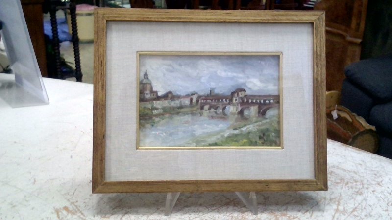 Dipinto Olio Su Tavola Gandini "ponte Coperto" 18x12 Cornice Legno Dorato  V