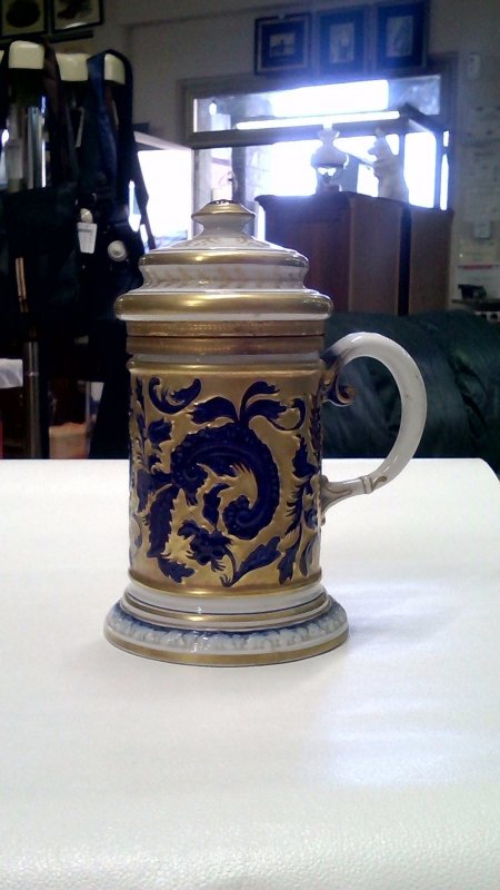 Boccale Birra In Porcellana Sevres Dipinta  Oro E Blu Cobalto  Anni '40 V