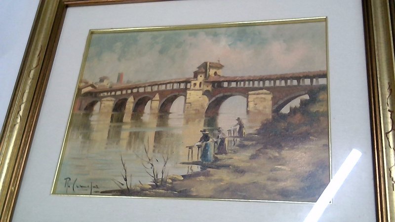Rosolino Canepa LE LAVANDAIE Al PONTE VECCHIO PAVIA   OLIO SU TELA Con Cornice-passpartout