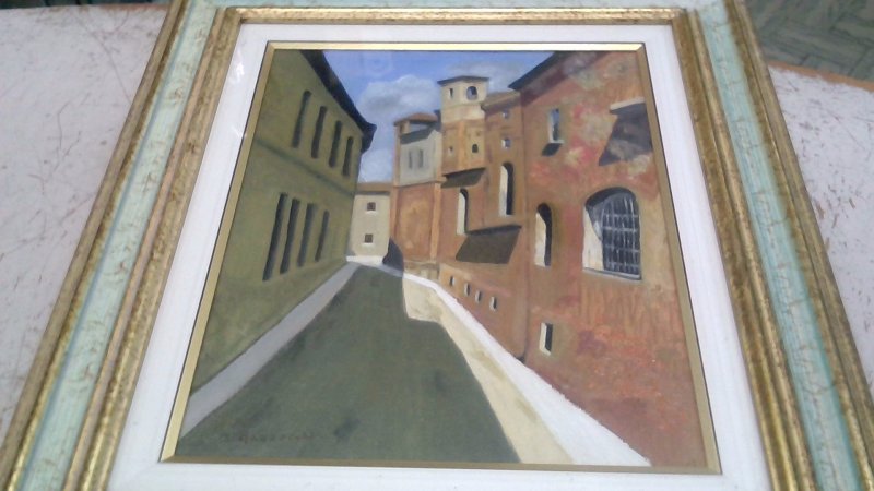 Dipinto Olio Su Tela Mazzocchi "via Ada Negri" 30x40 Cornice Legno Oro/verde   V